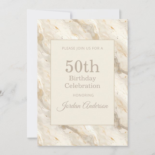Light Beige Marble 50th Birthday Einladung (Vorderseite)