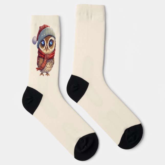 Light Beige Niedlich Owl mit Red Christmas Hat Soc Socken (Rechts)