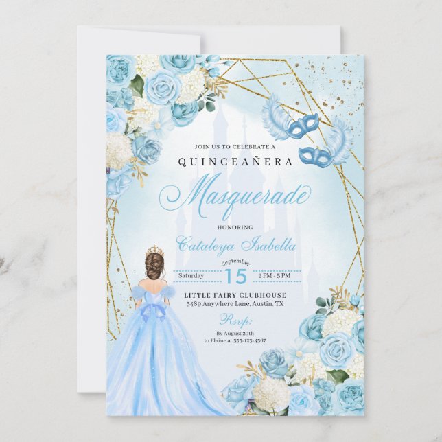 Light Blue Ainderella Masquerade Quinceanera Einladung (Vorderseite)