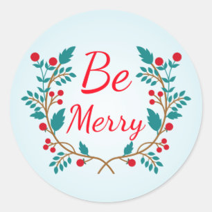 Light Blue and Red Christmas Wreath "Be Merry" Runder Aufkleber