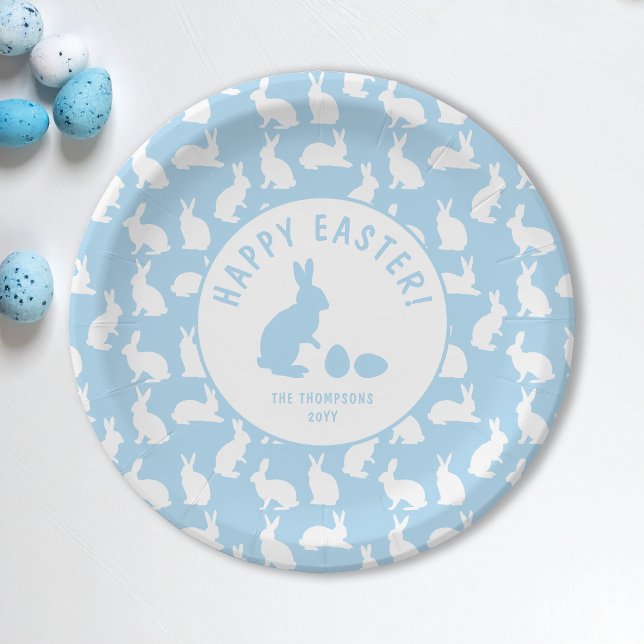 Light Blue And White Bunny Pattern Happy Easter Pappteller (Von Creator hochgeladen)