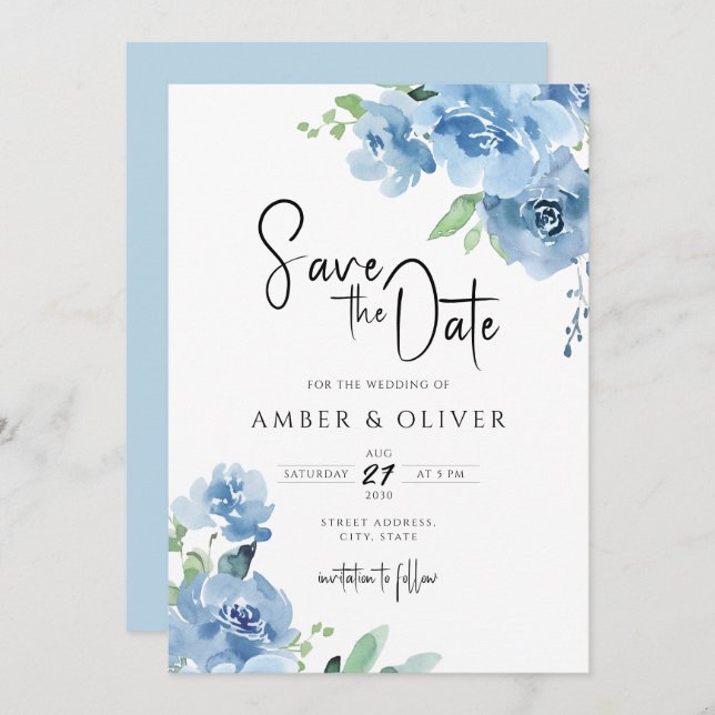 Light Blue Baby Blue Floral Blätter Save the Date  Einladung (Vorne/Hinten)