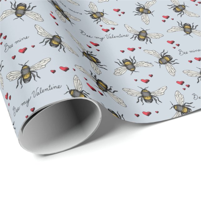 Light Blue Bee Mine/Be My Valentine Bees & Hearts Geschenkpapier (Rolleneckpunkt)