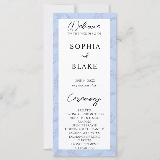 Light Blue Blätter and Foliage Wedding Program (Vorderseite)