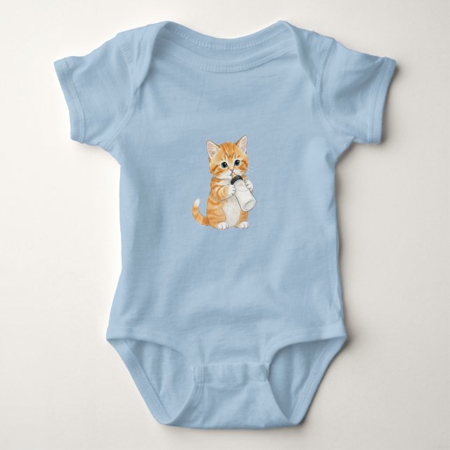Light Blue Bodysuit with Kitten Drinking Milk  Baby Strampler (Vorderseite)