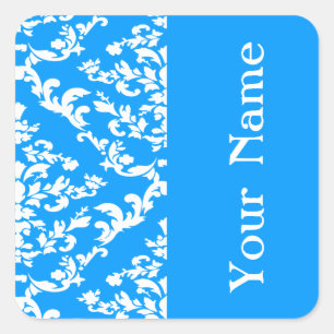 Light Blue Bold Damask in Emporiomoffa mit Namen Quadratischer Aufkleber