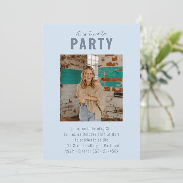 Light Blue Bold Photo Milestone Birthday Party Einladung (Stehend Vorderseite)