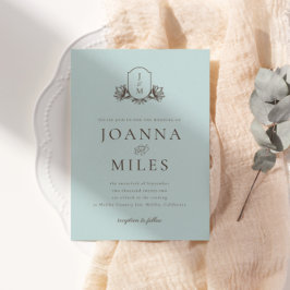 Light Blue Botanical Monogram Wappen Wedding Einladung