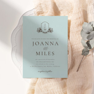Light Blue Botanical Monogram Wappen Wedding Einladung
