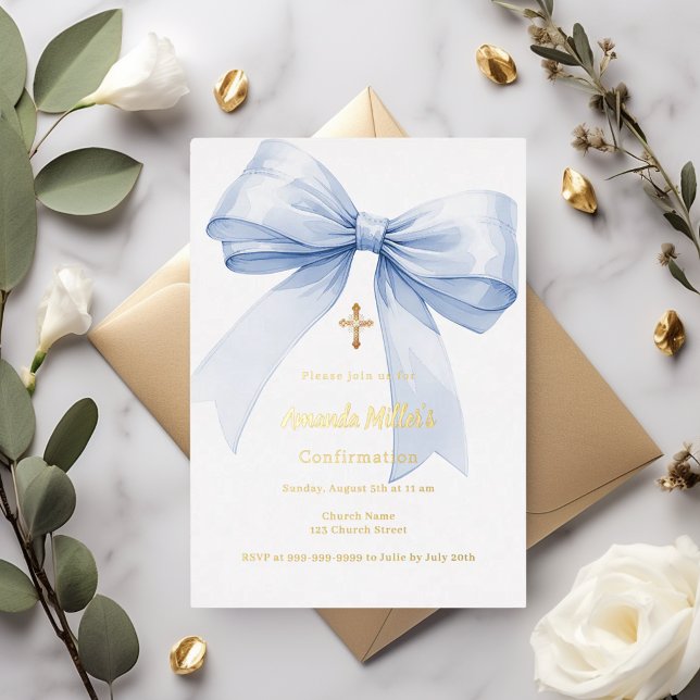 Light blue bow girl Confirmation gold foil Folieneinladung (Von Creator hochgeladen)