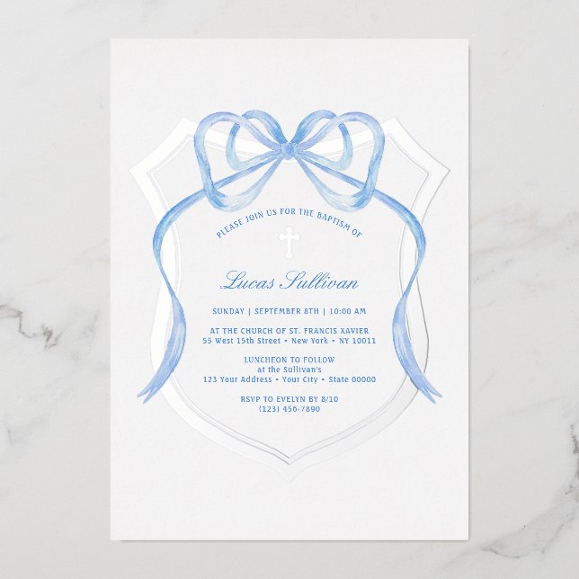 Light Blue Bow Silver Wappen Taufe Folieneinladung (Vorderseite)