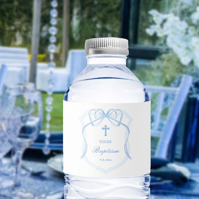 Light Blue Bow Wappen Taufe Wasserflaschenetikett (Von Creator hochgeladen)