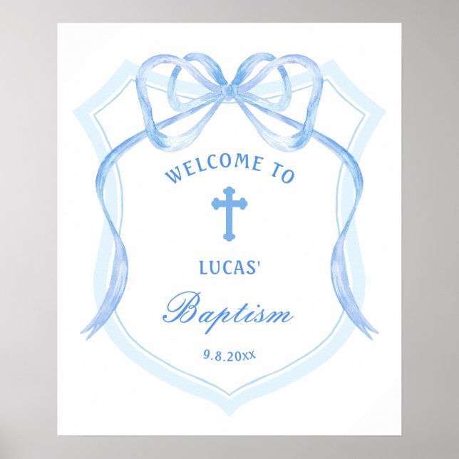 Light Blue Bow Wappen Taufe Willkommen Poster (Vorne)