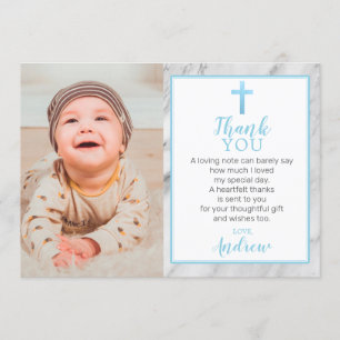 Light Blue Boy Marmor Taufe Foto Danke Karte