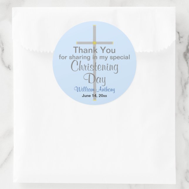 Light Blue Christening Son Danke Runder Aufkleber (Tasche)