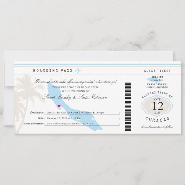 Light Blue Cream Wedding Boarding Pass - Curacao Save The Date (Vorderseite)