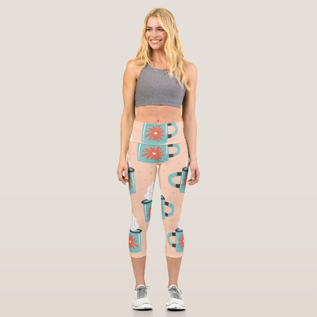 Light Blue Cup Nahtloses Muster. Capri Leggings (Vorderseite)