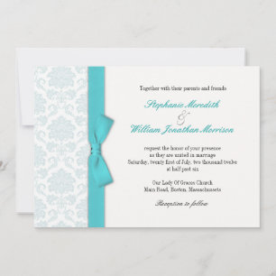 Light Blue Damask Turquoise Bow Wedding Einladung
