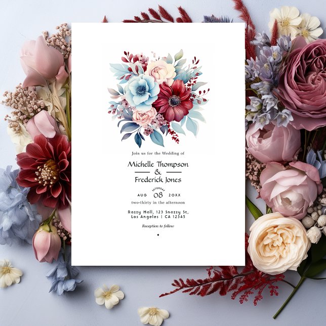 Light Blue, Dusty Blue und Burgund Floral Wedding Einladung (Von Creator hochgeladen)