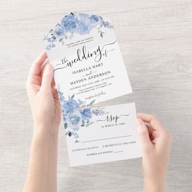 Light Blue Dusty Pastel Blume Floral Wedding RSVP All In One Einladung (Abreißen)