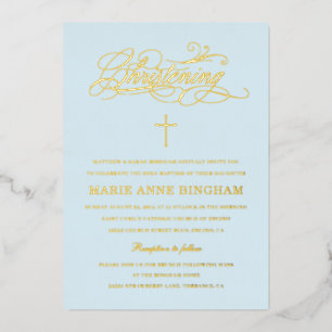 Light Blue Elegance Calligraphy Christening Gold Folieneinladung