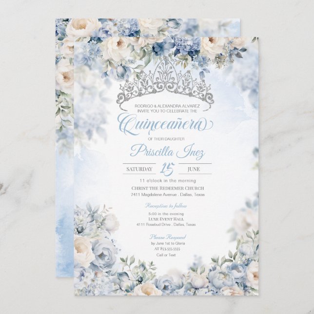Light Blue Elegane Watercolor Floral Quinceñera Einladung (Vorne/Hinten)