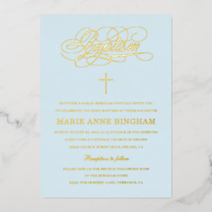 Light Blue Elegant Calligraphy Baptisc Gold Folieneinladung