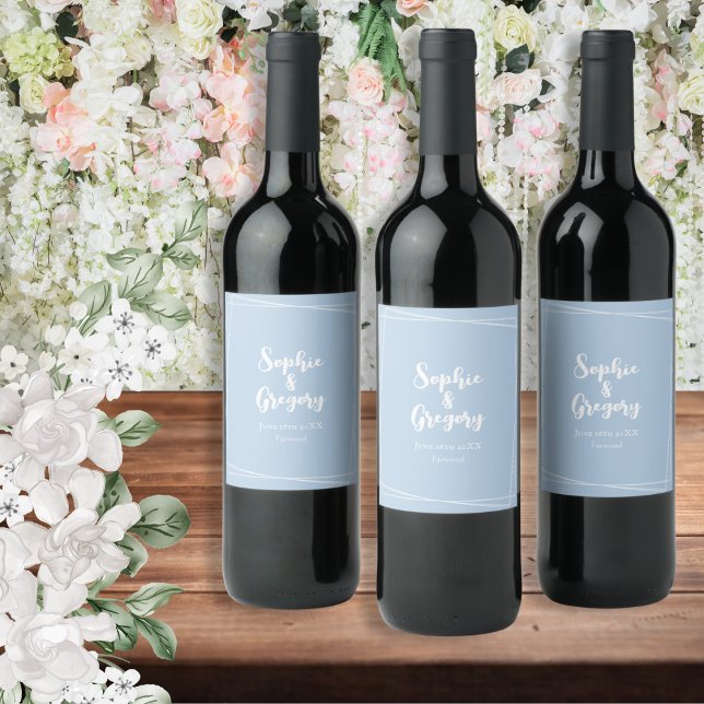 Light Blue Elegant Wedding Drinks Flasche Custom Weinetikett (Light blue wine bottle labels to customize with names, date and location of your special day)