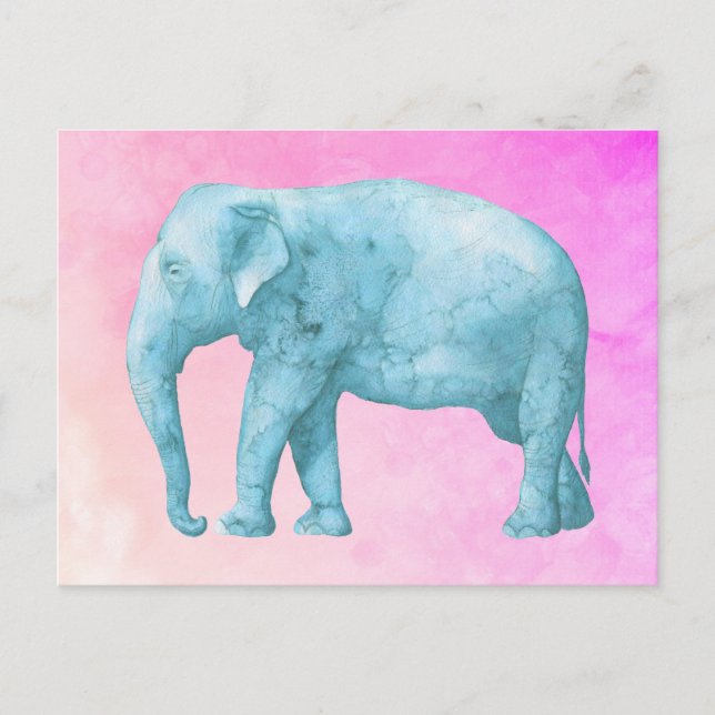 Light Blue Elephant on Dreamy Pink Watercolor Postkarte (Vorderseite)