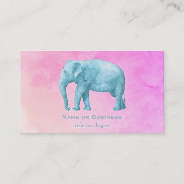Light Blue Elephant on Dreamy Pink Watercolor Visitenkarte (Vorderseite)