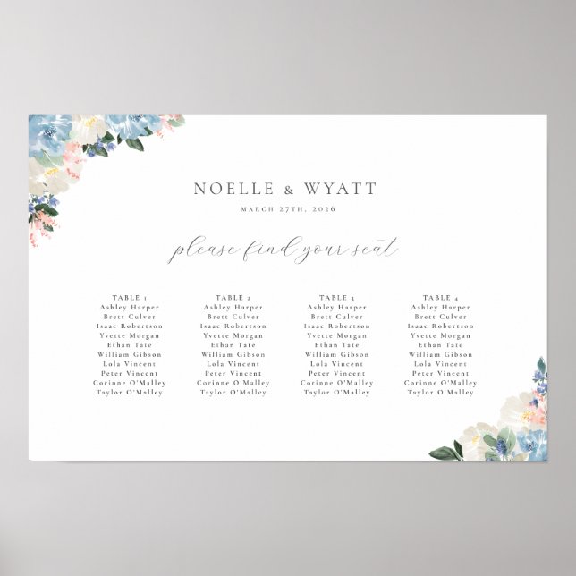 Light Blue Floral 4 Table Wedding Chart Poster (Vorne)