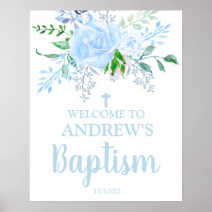 Light Blue Floral Baptism Junge Begrüßung 16x20 Po Poster