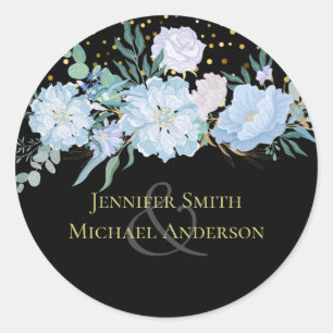 Light Blue Floral Black Moderne Hochzeitsbudget Runder Aufkleber