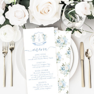 Light Blue Floral French Wappen Wedding Menu Cards