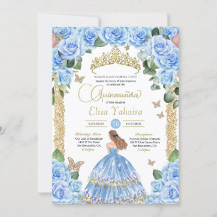 Light Blue Floral Gold Butterfly Quinceañera Einladung