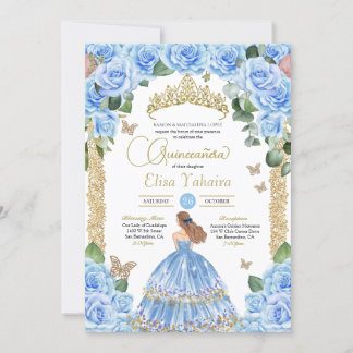 Light Blue Floral Gold Butterfly Quinceañera Einladung