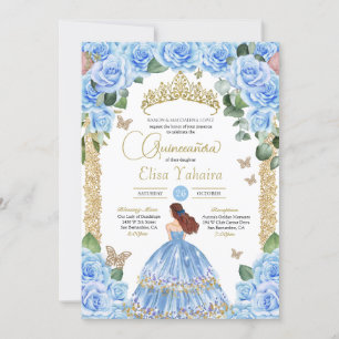 Light Blue Floral Gold Butterfly Quinceañera Einladung
