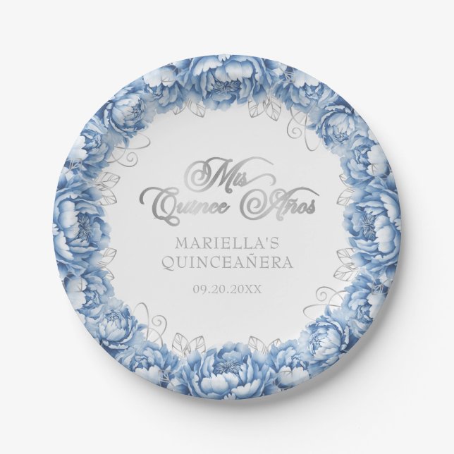 Light Blue Floral Quinceanera Pappteller (Vorderseite)