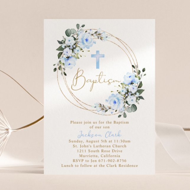 Light Blue Floral Taufen Christening Gold Rahmen Einladung (Von Creator hochgeladen)