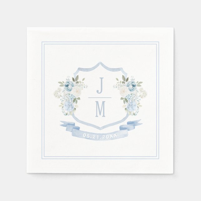 Light Blue Floral Wappen French Wedding Monogram Serviette (Vorderseite)