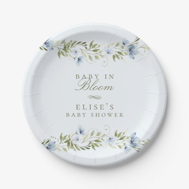 Light Blue Floral Wreath Baby in Bloom Baby Dusche Pappteller (Vorderseite)