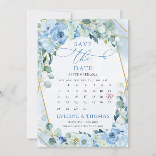 Light Blue Flowers Gold Geometric Month Boho Save The Date