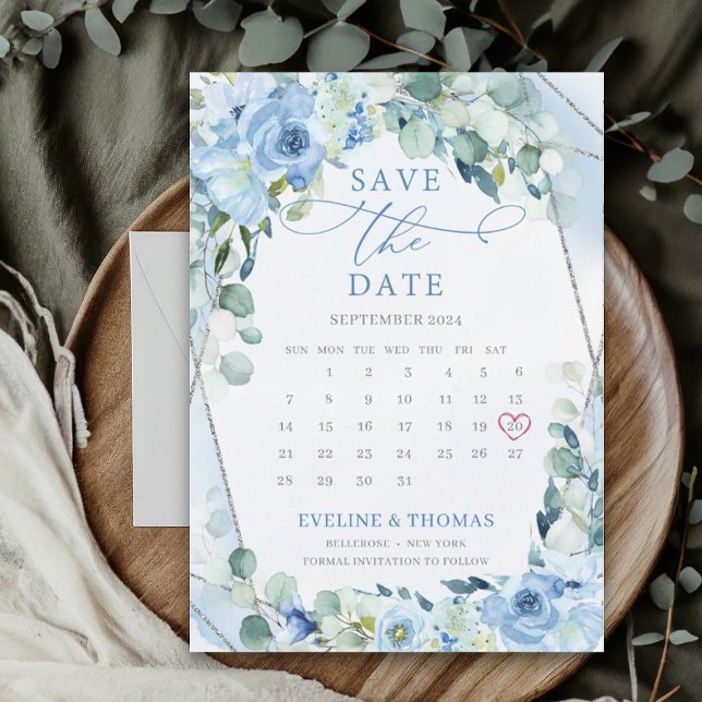 Light Blue Flowers Save The Date (Elegant watercolor save the date card with blue flowers and eucalyptus greenery)