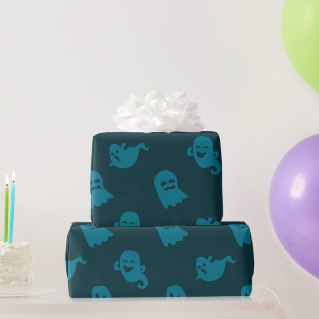 Light Blue Ghosts Dark Blue Halloween Geschenkpapier (Partygeschenke)