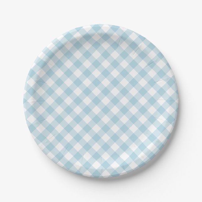 Light Blue Gingham Kariertes Muster Pappteller (Vorderseite)