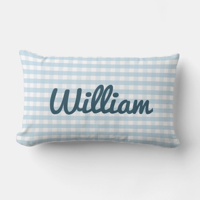 Light Blue Gingham Kinderzimmer Pillow mit Name Lendenkissen (Vorderseite)