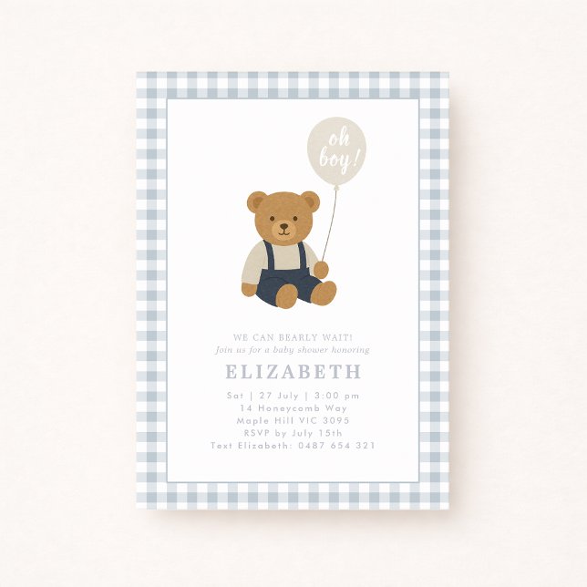 Light Blue Gingham Teddy Bear Baby Dusche Einladung (Von Creator hochgeladen)