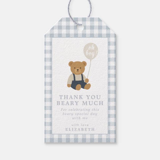 Light Blue Gingham Teddy Bear Baby Dusche Geschenkanhänger (Vorderseite)
