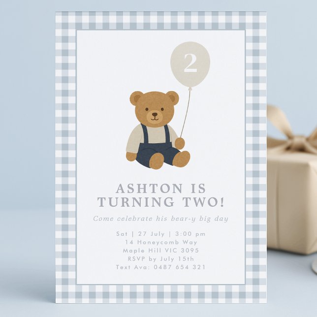 Light Blue Gingham Teddy Bear Birthday Einladung (Von Creator hochgeladen)