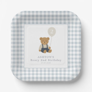 Light Blue Gingham Teddy Bear Birthday Party Pappteller